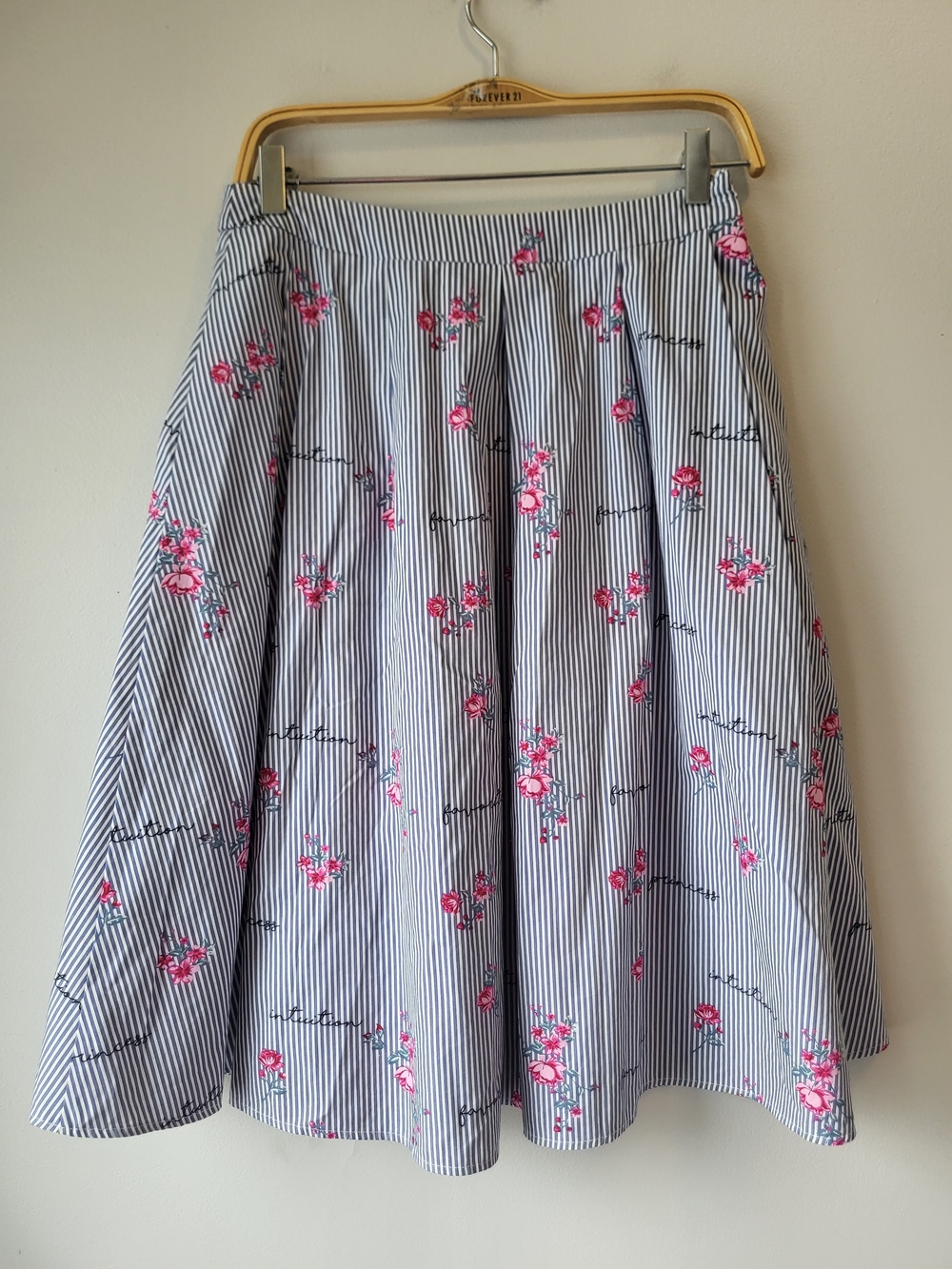 Mohito Striped Navy & White Floral Midi Feminine Girly Airy Pink Accents Skirt